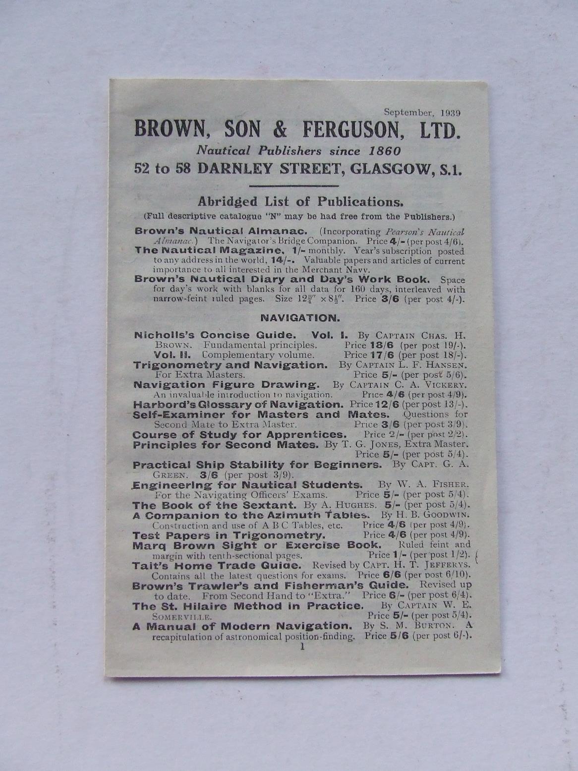 Brown, Son & Ferguson  -  abridged list of publications. September, 1939
