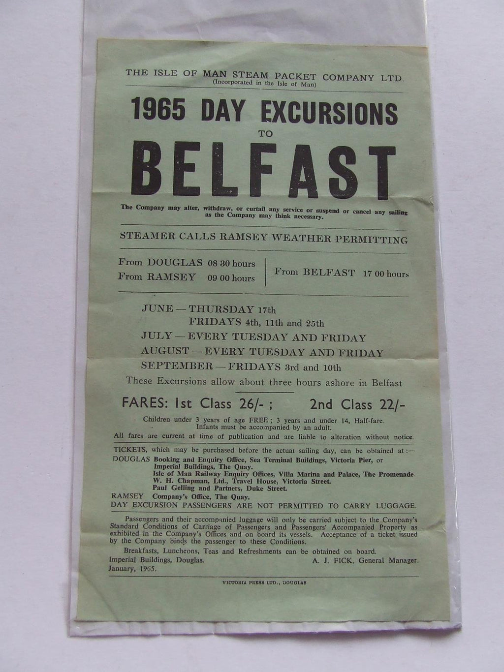 Isle of Man Steam Packet Co. Ltd. 1965 Day Excursions to Belfast