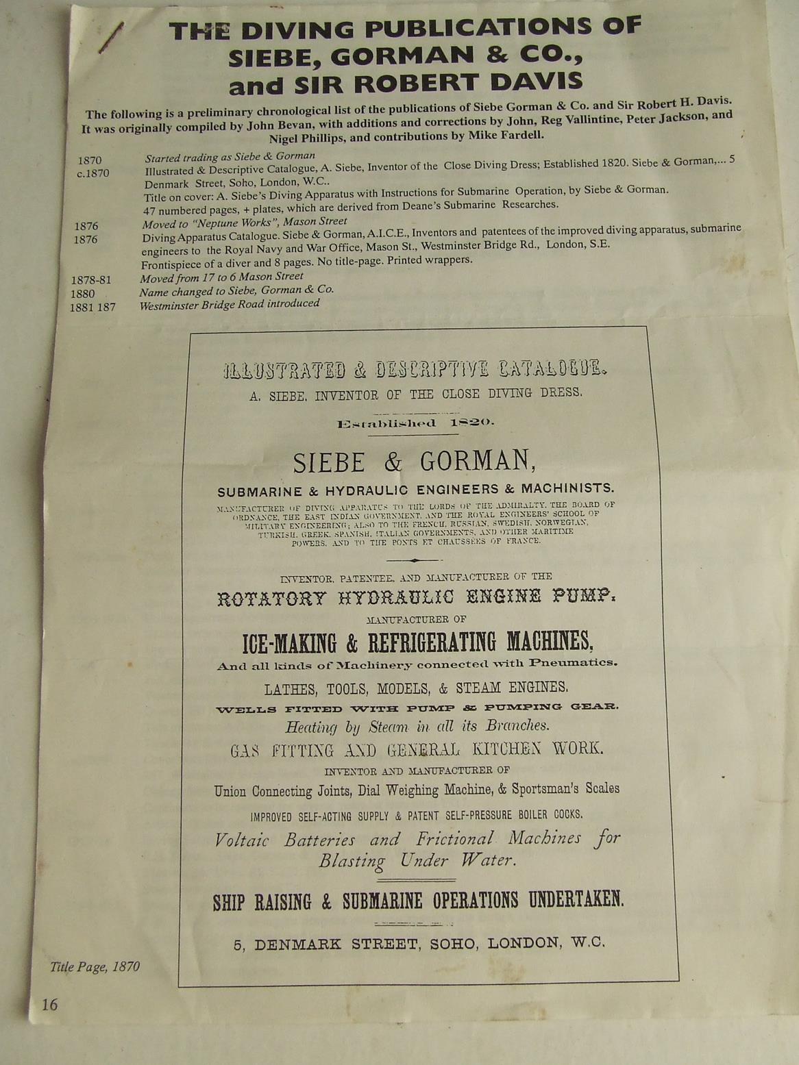 The Diving Publications of Siebe, Gorman & Co., and Sir Robert Davis