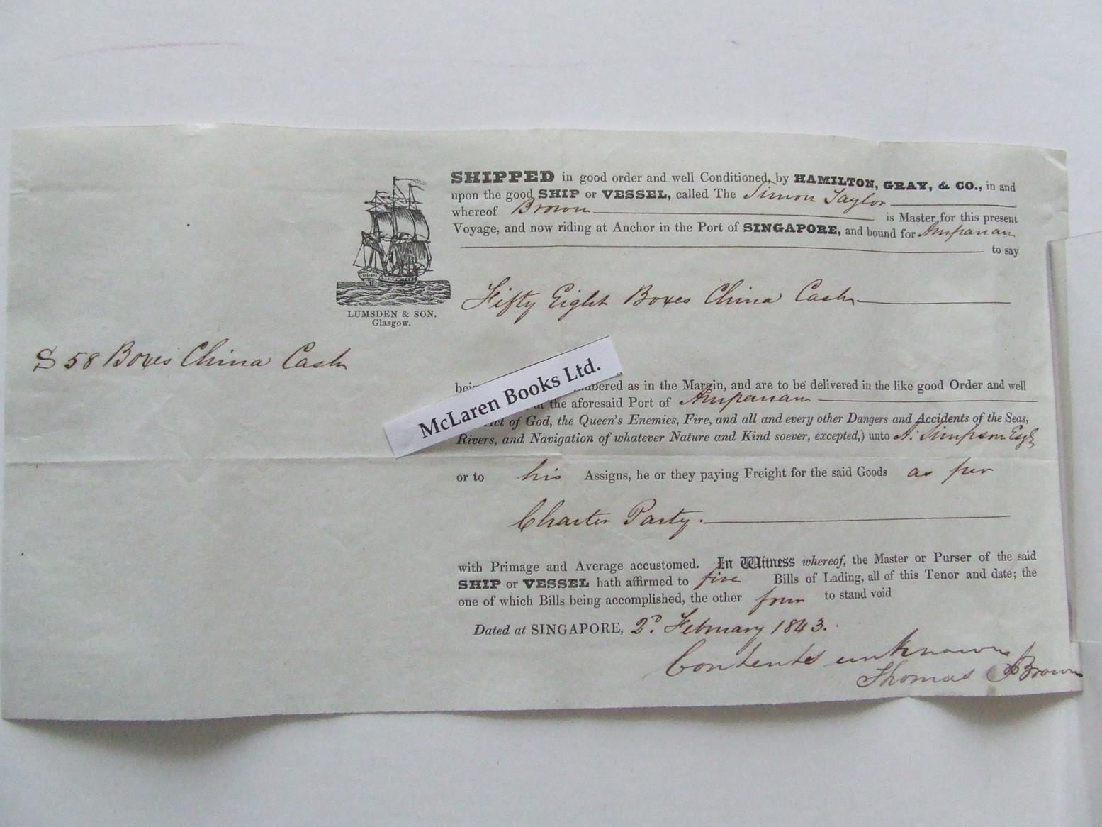 19th century bill of lading for a cargo bound for Ampanan from Singapore