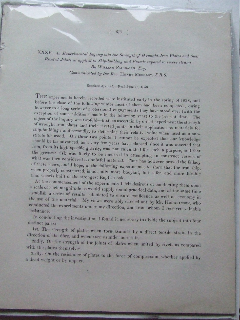 An Experimental Inquiry into the Strength of Wrought-Iron Plates