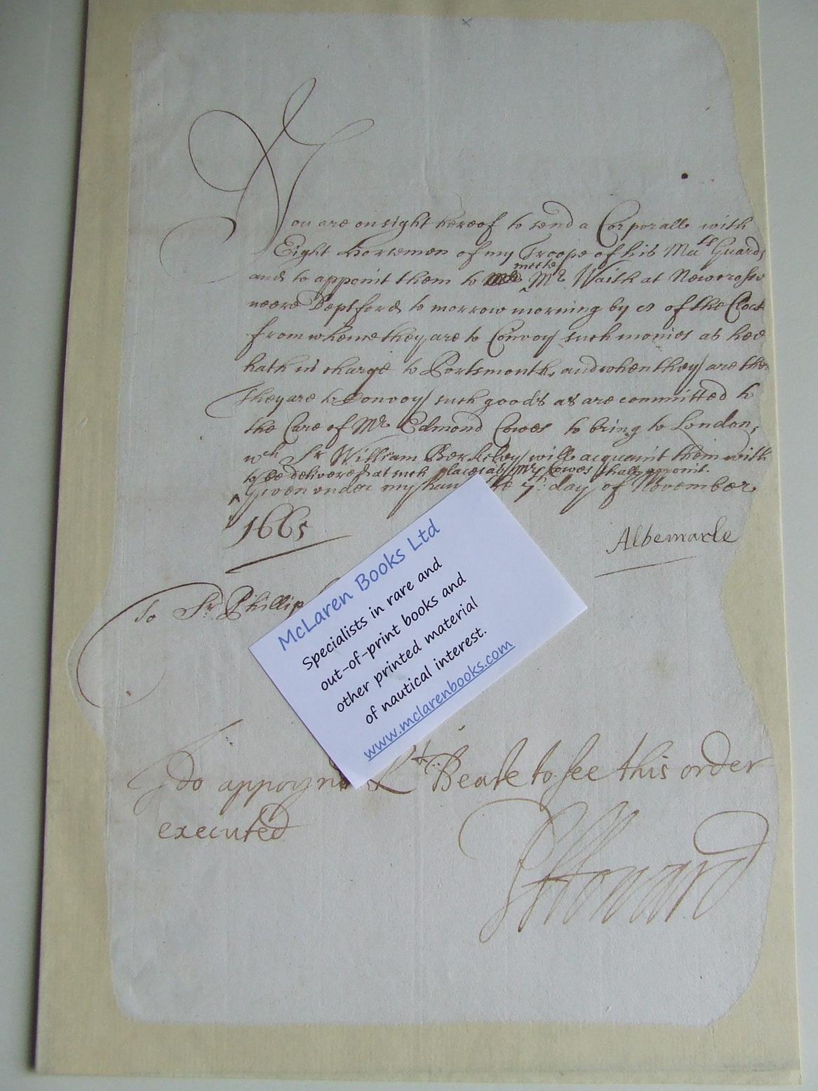 George Monck  -  Manuscript signed letter dated November 7th 1665