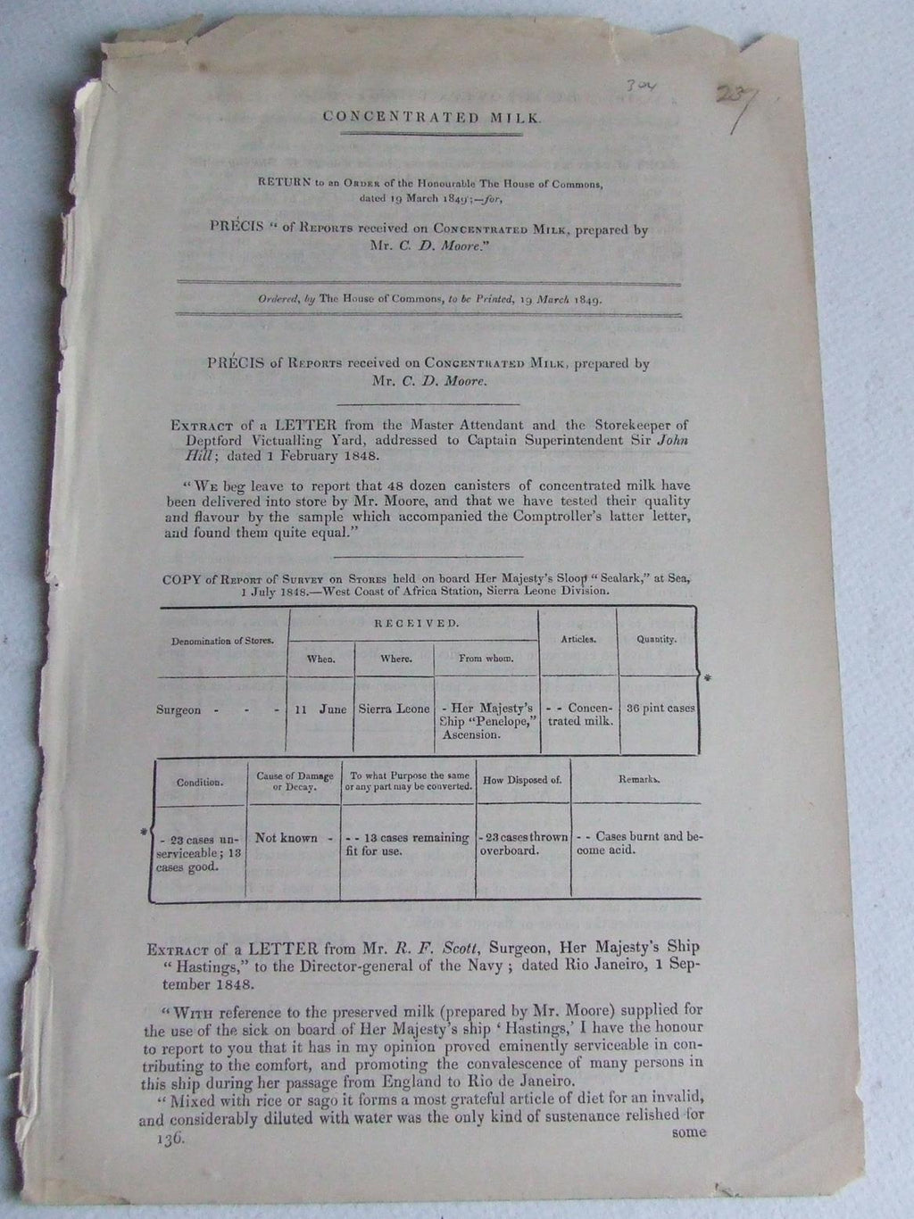 Précis of Reports received on Concentrated Milk [issued to the Royal Navy]