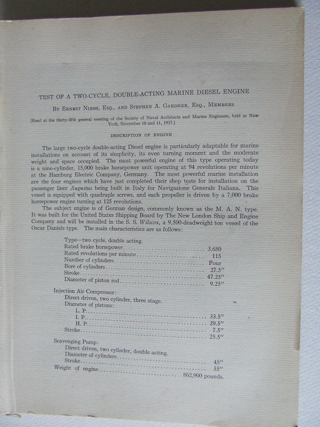 Test of a Two-Cycle, Double-Acting Marine Diesel Engine