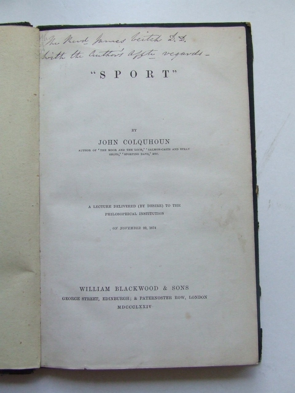 Sport.  a lecture delivered (by desire) to the Philosophical Institution on November 10, 1874
